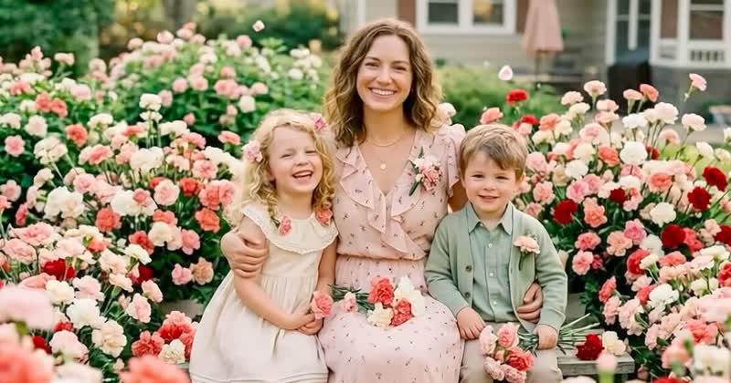 A mother and two children smiling in a carnation garden
