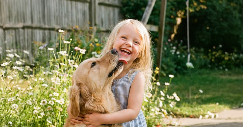 A laughing girl hugging a golden retriever in a sunny garden