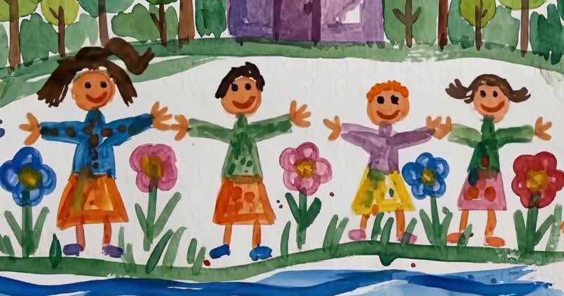 A child's watercolor drawing of four smiling kids among flowers